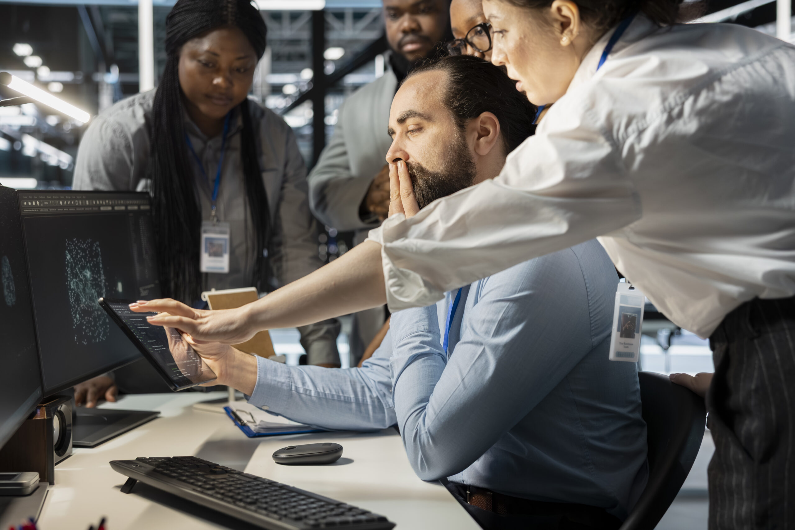 Team of admins working together in server hub, analyzing rigs data